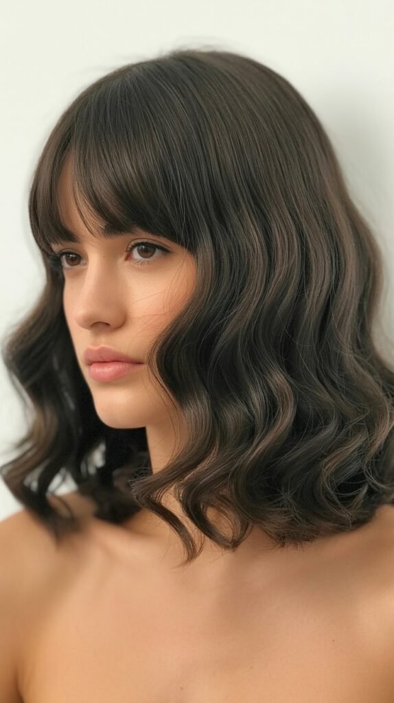 Long Bob with Curtain Bangs and Voluminous Waves