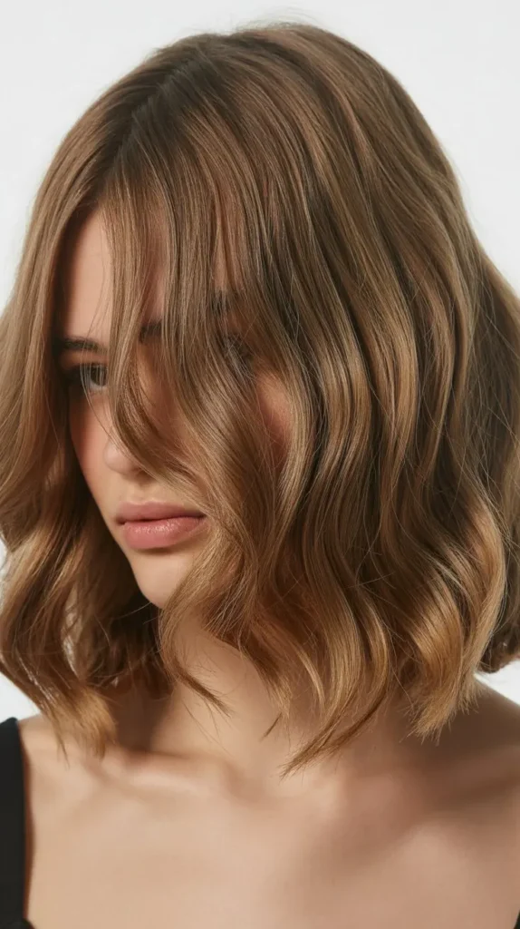 Wavy Long Bob with Relaxed Curtain Bangs