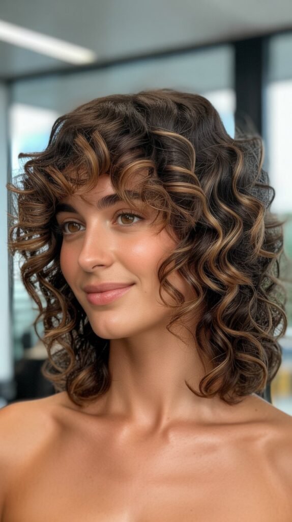 . Long Bob with Curtain Bangs for Thick Curly Hair