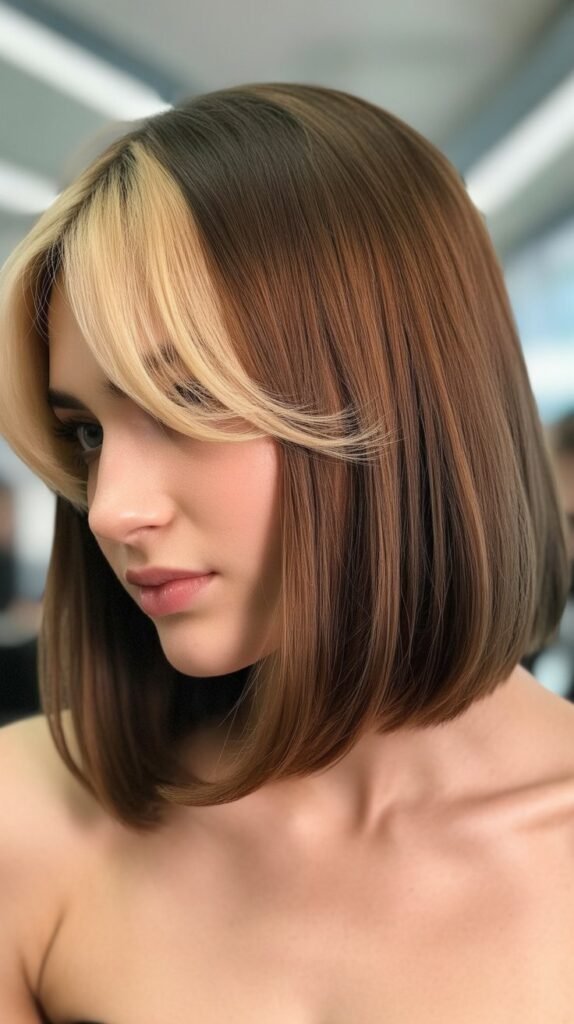 Brunette Lob with Blonde Curtain Bangs