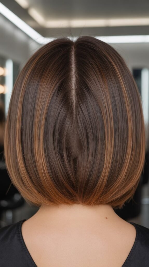 Sleek Bob with Caramel Highlights and Middle Part
