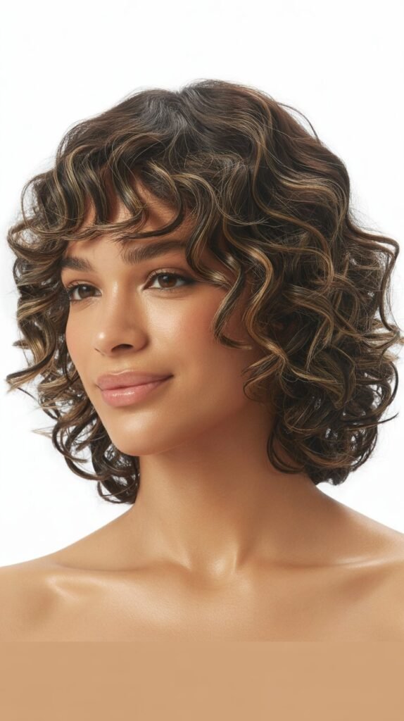 Curly Long Bob with Curtain Bangs