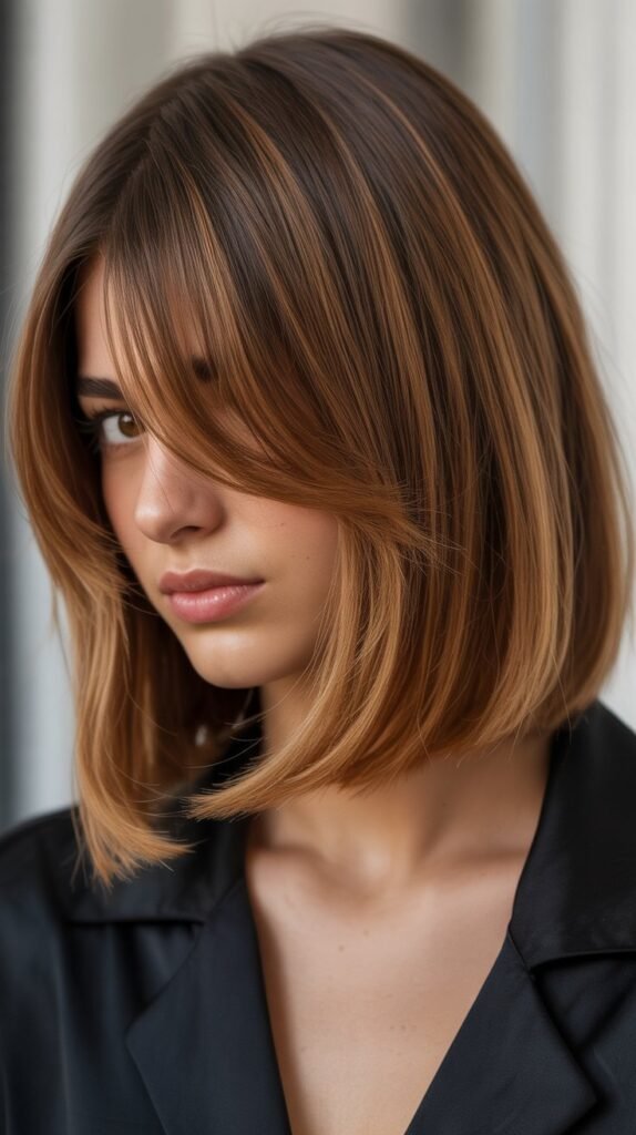 Long Bob with Curtain Bangs and Highlights at the Ends