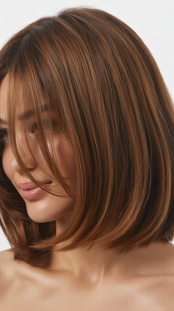 Layered Long Bob with Face-Framing Curtain Bangs