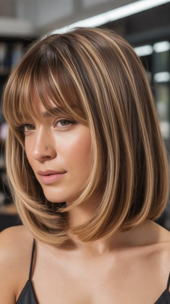 Lob with Curtain Bangs and Face-Framing Highlights