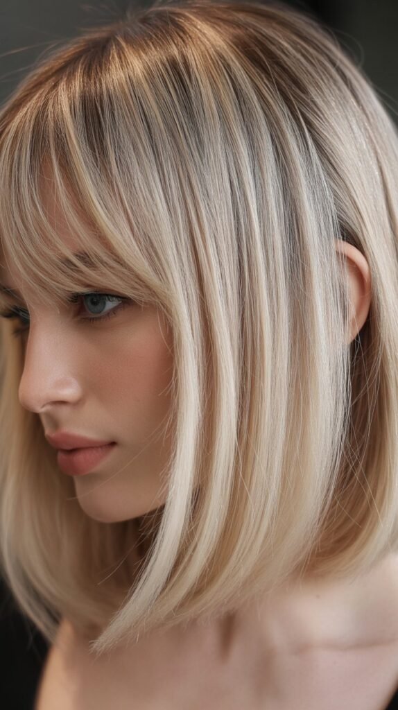 Pearl Blonde Lob with Graduated Curtain Bangs