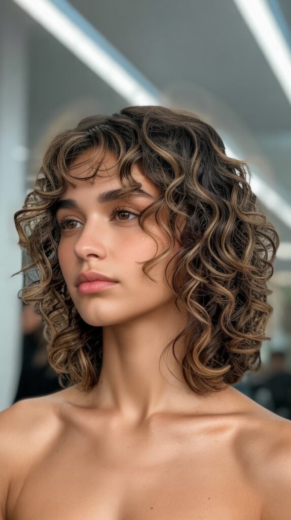 Curly Long Bob with Micro Curtain Bangs