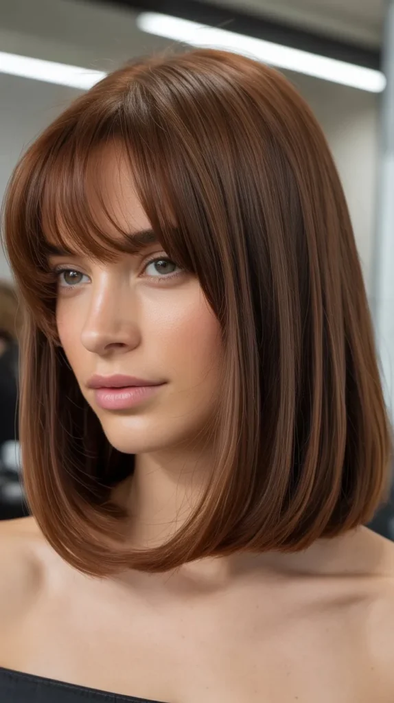 Long Bob with Curtain Bangs for Heart-Shaped Faces