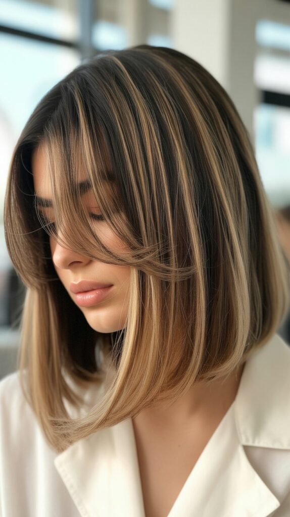 Long Bob with Curtain Bangs and Root Shadow