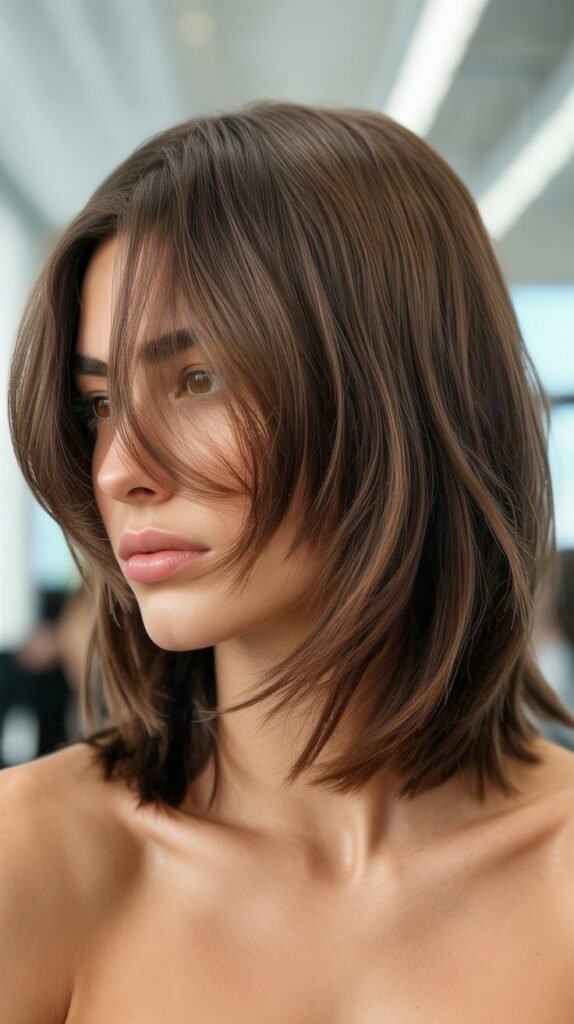 Textured Long Bob with Choppy Curtain Bangs