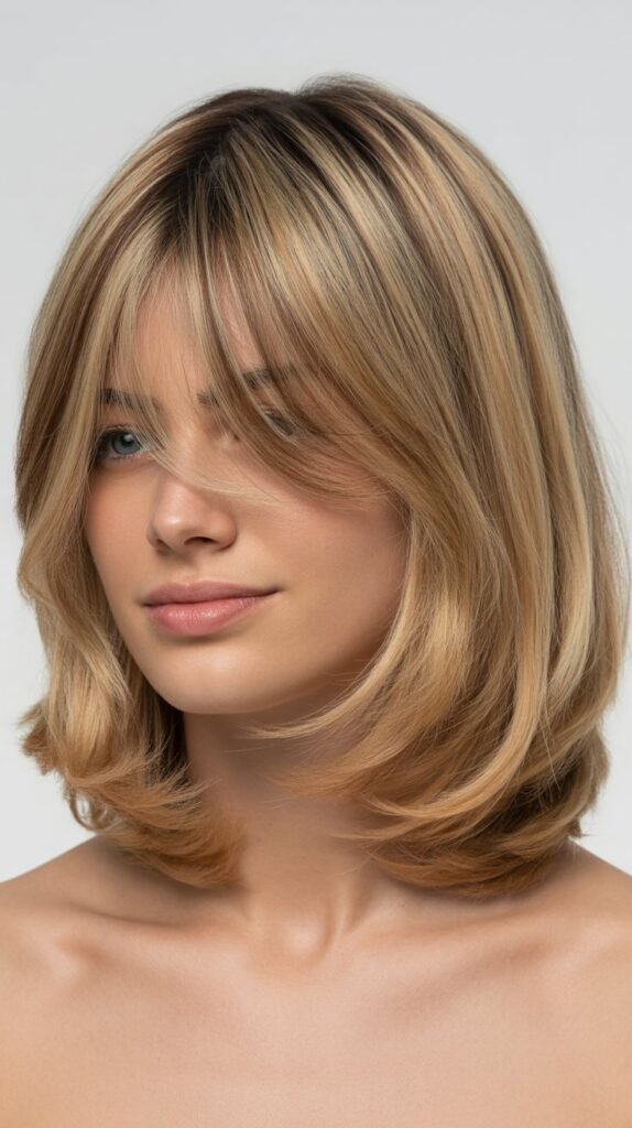  Long Bob with Soft Curtain Bangs and Undone Waves