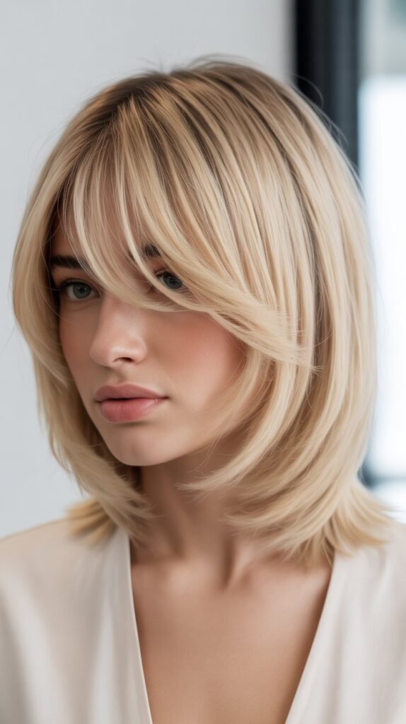 Cream Blonde Lob with Wispy Face-Framing Curtain Bangs