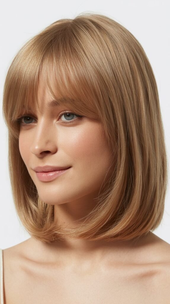 Classic Blunt Long Bob with Soft Curtain Bangs