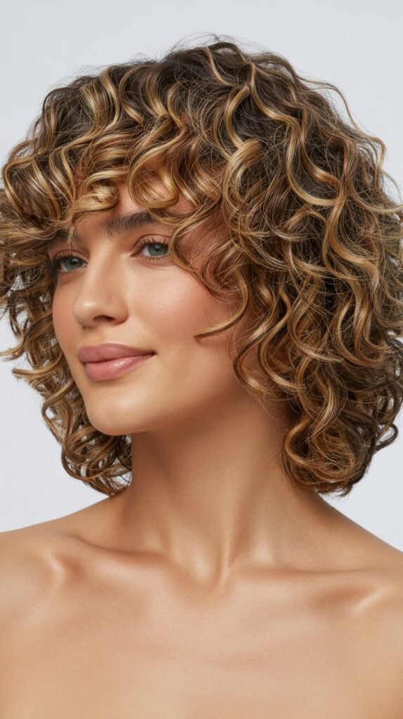 Curly Long Bob with Curtain Bangs