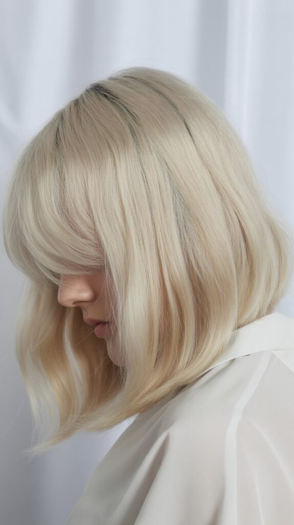 Icy Blonde Long Bob with Blunt Curtain Bangs