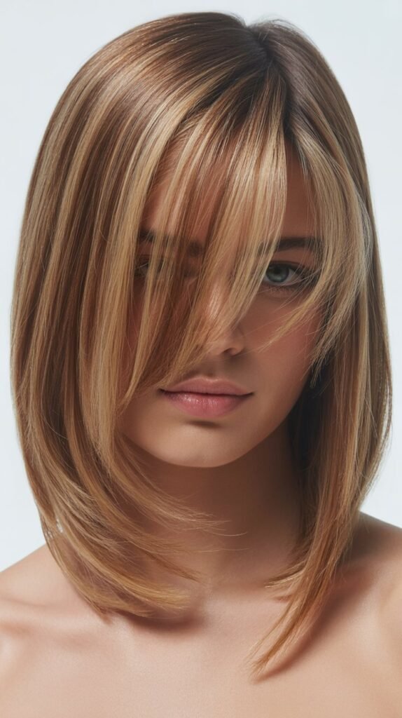 Angled Long Bob with Side-Swept Curtain Bangs