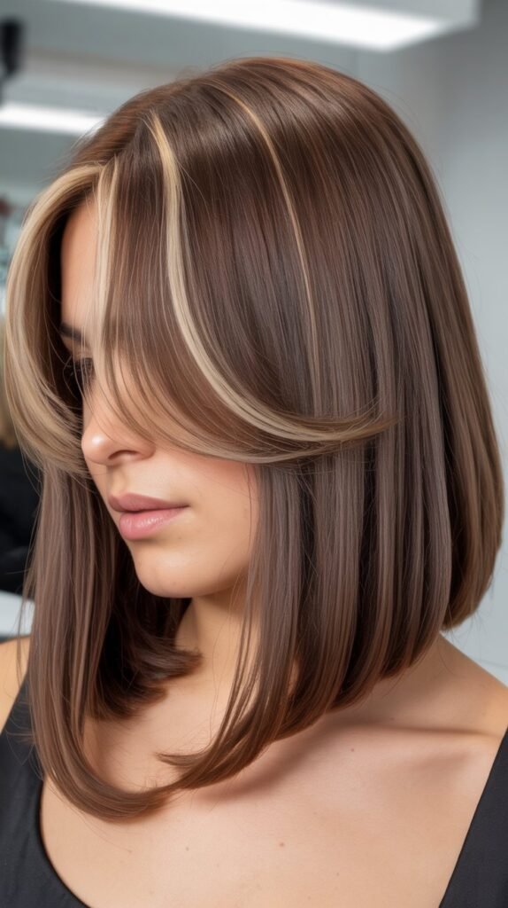 Lob with Curtain Bangs and Money Pieces