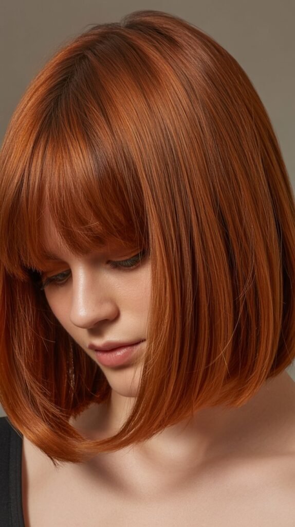 Long Bob with Curtain Bangs and Copper Tones