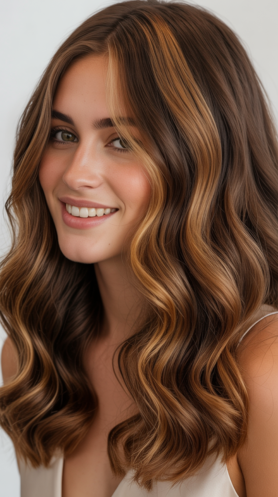 Caramel Highlights with Curtain Bangs on Brown Waves