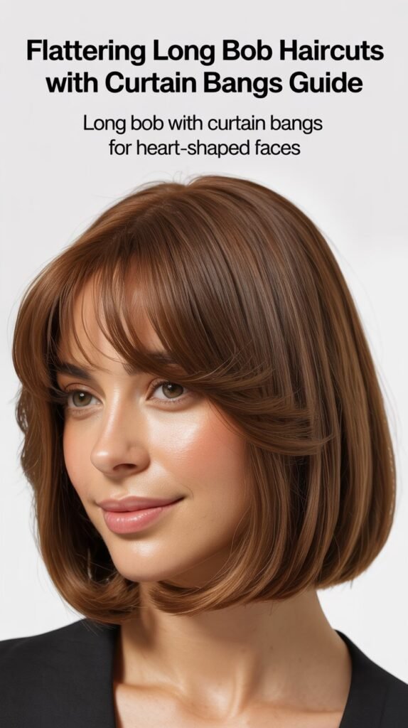 Long Bob with Curtain Bangs for Heart-Shaped Faces