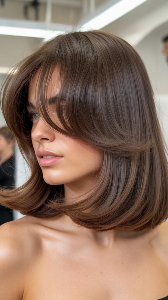 Volumized Long Bob with Blown-Out Curtain Bangs