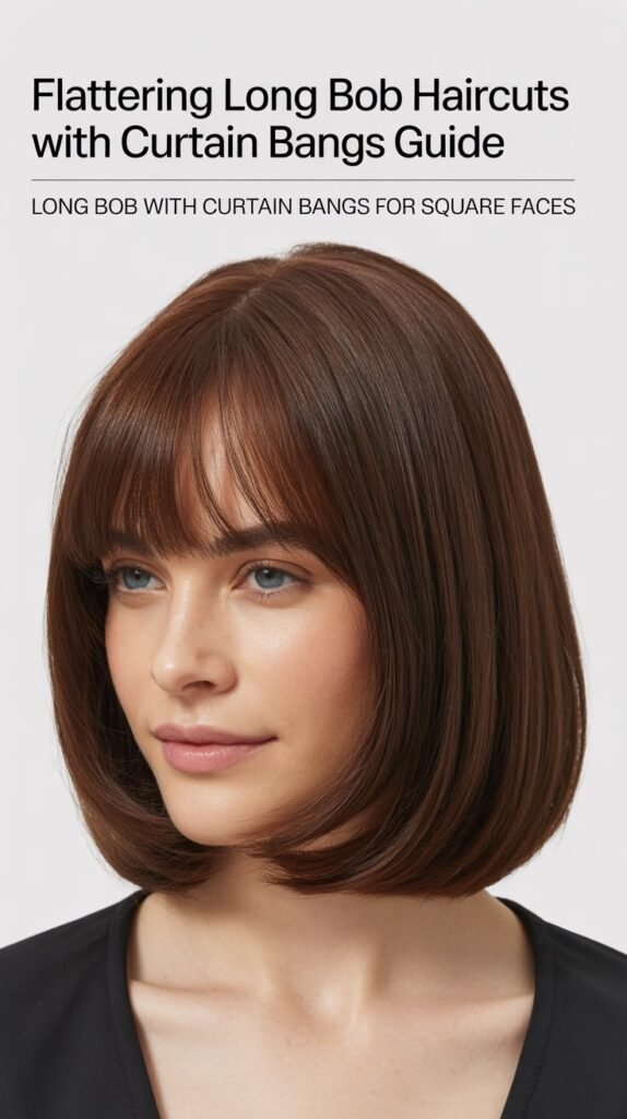 Long Bob with Curtain Bangs for Square Faces