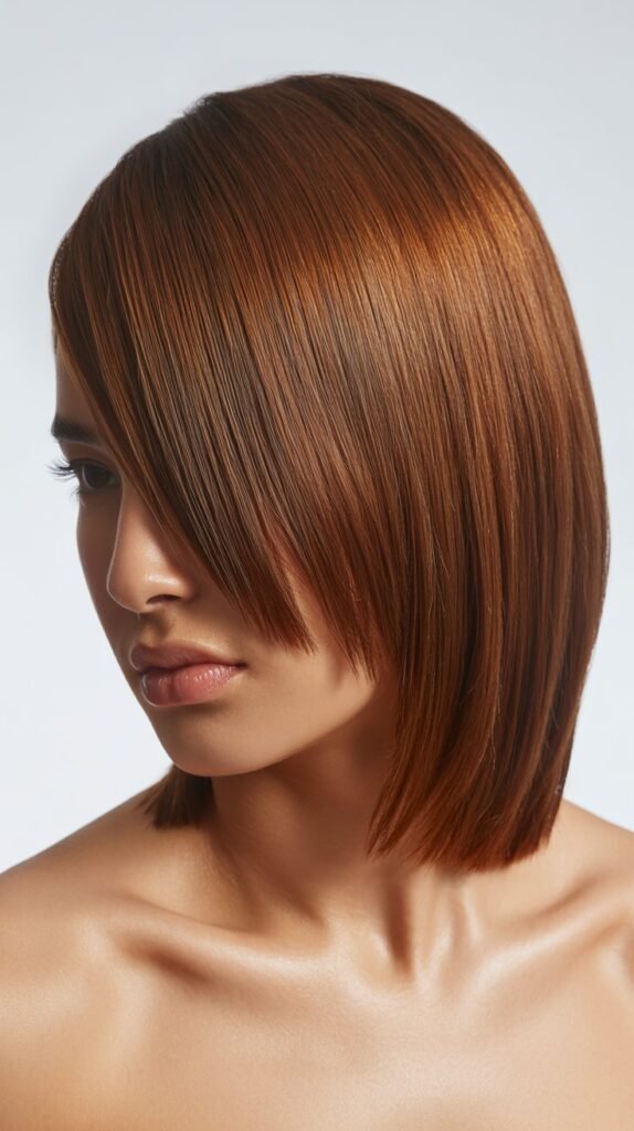 Asymmetrical Long Bob with Diagonal Curtain Bangs