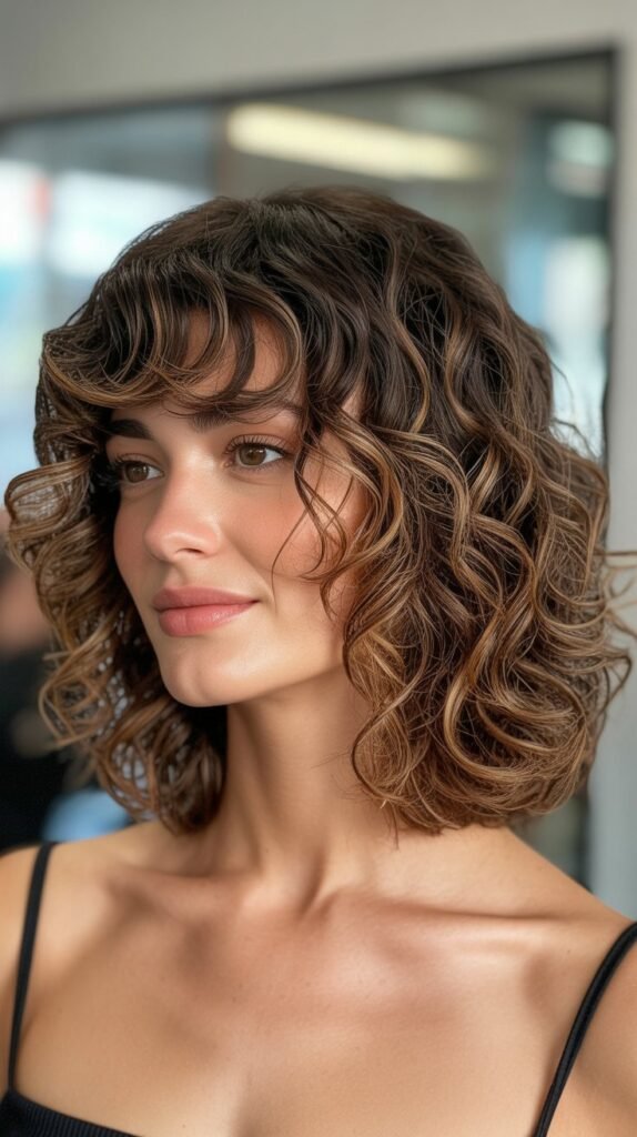 Curly Long Bob with Curtain Bangs