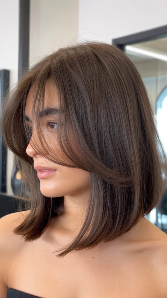 Asymmetrical Long Bob with Side-Swept Curtain Bangs