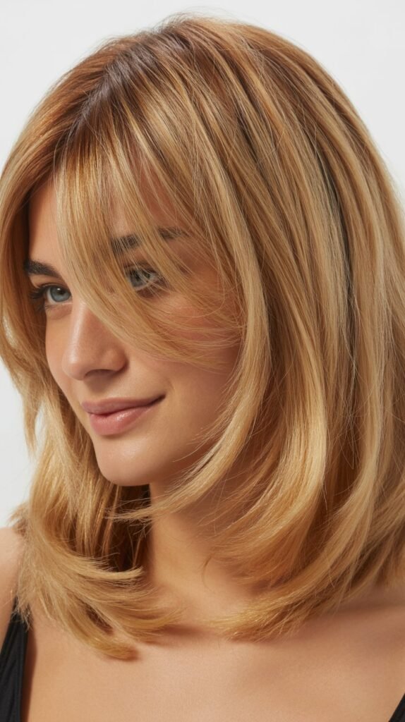 Toasted Coconut Blonde Long Bob with Textured Curtain Bangs