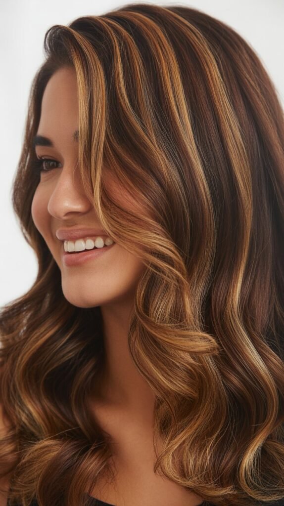 Caramel Highlights with Ribbon Waves on Brown Hair