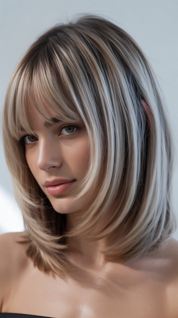 Long Bob with Curtain Bangs and Cool Tones