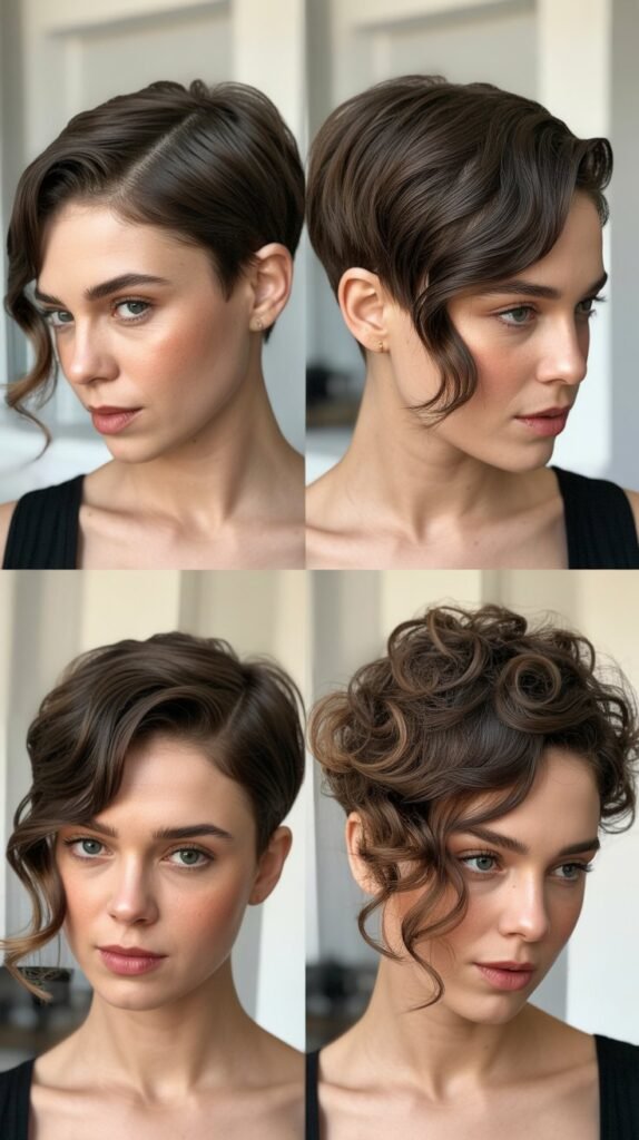 . Asymmetrical Wavy Pixie with Deep Side Part