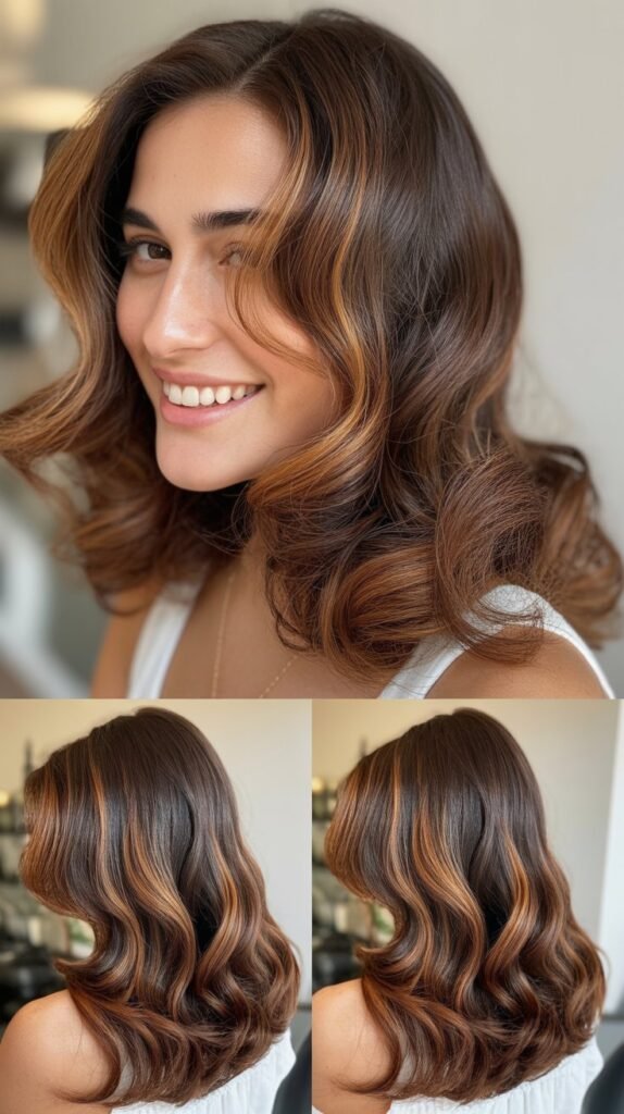 Caramel Highlights on Brown Waves with Root Stretch