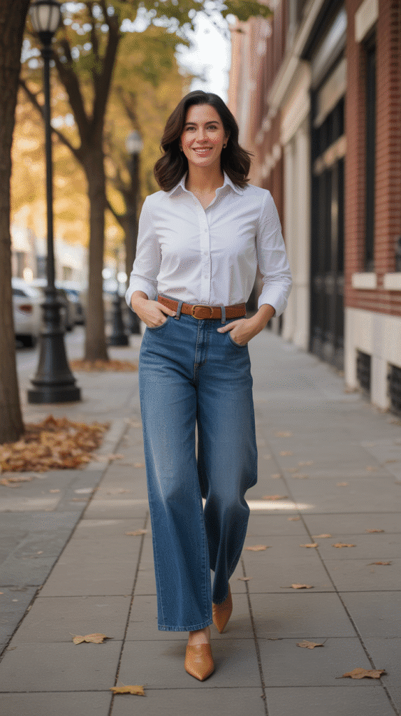 32 Casual Fall Outfits for Women with Jeans 6 High-Waisted Jeans with Tucked-In Button-Down Shirt