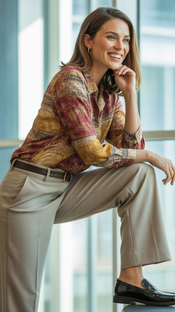  Printed Blouse with Neutral Bottoms