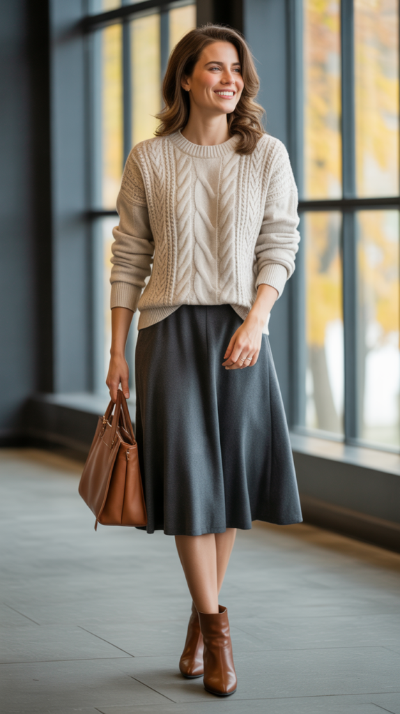 Cable Knit Sweater with Midi Skirt