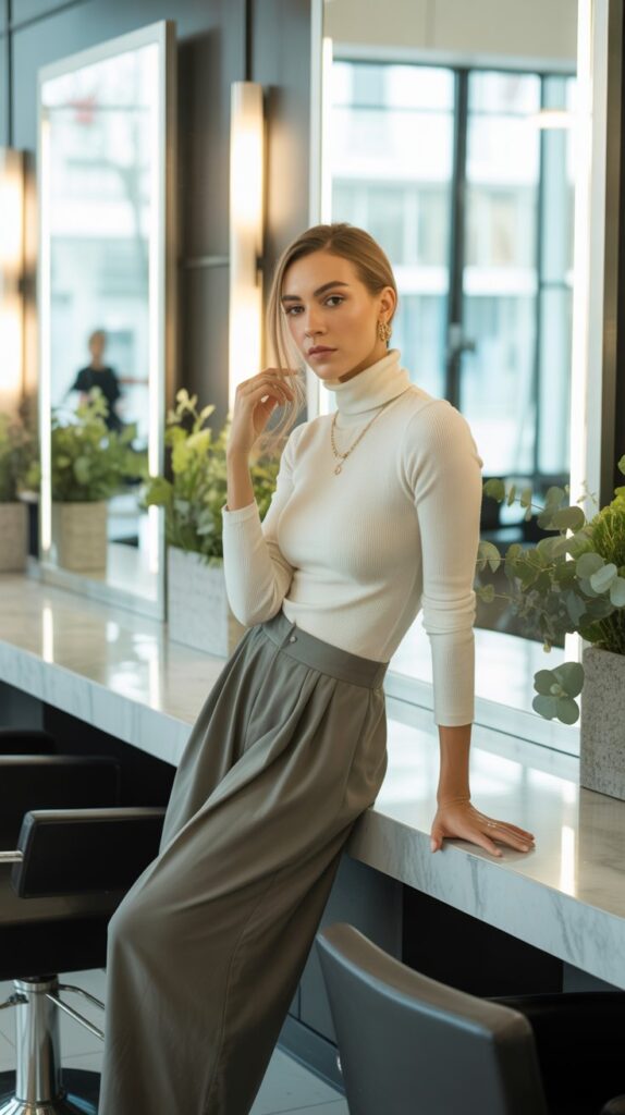 33 Fresh Hairstylist Outfits for Work in Spring 9 Turtleneck with Wide-Leg Pants