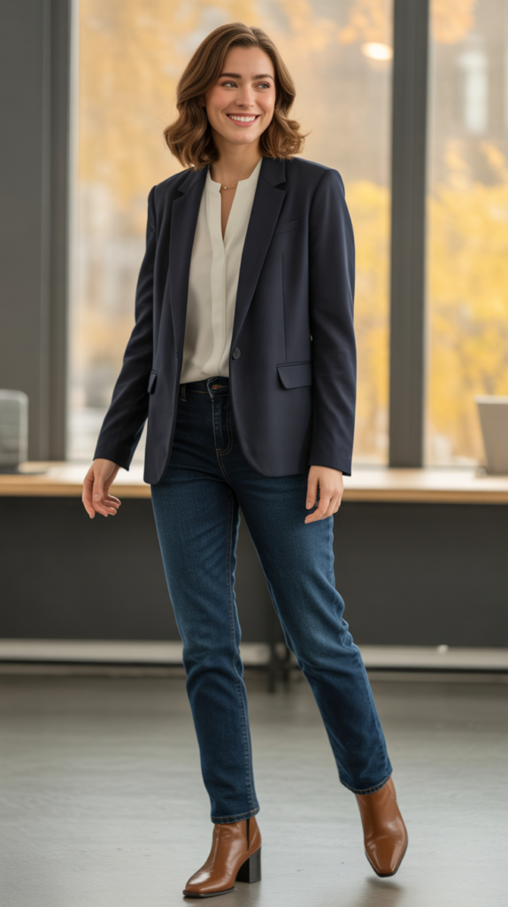 Classic Blazer with Dark Jeans and Ankle Boots