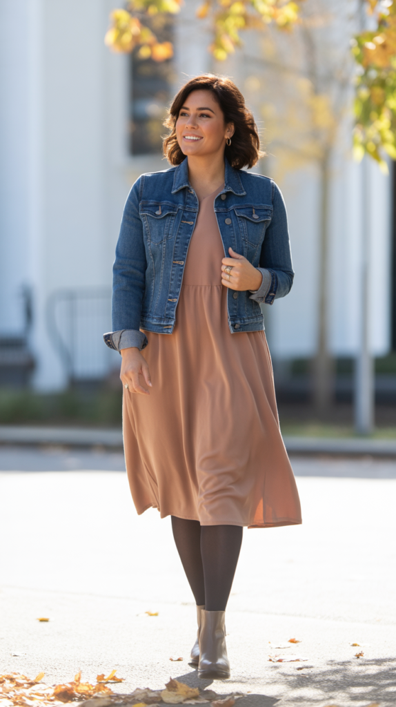 Denim Jacket over Dress and Tights