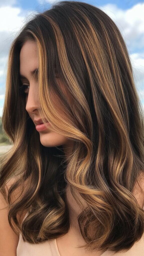 27 Stunning Brunette with Highlights and Lowlights Ideas 2 Honey Blonde Highlights on Dark Brown Base