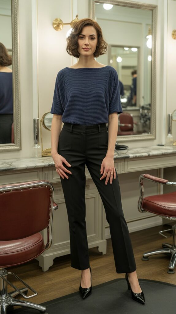 30 Casual Hairstylist Outfits for Work 30 Black Ankle Pants with Striped Boatneck Top