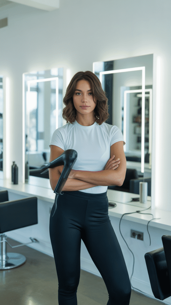 34 Breezy Summer Hairstylist Outfits for Work 1 Classic Black Jogger and Breathable Tee Combo