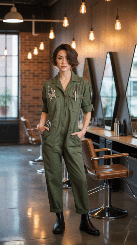 27 Everyday Hairstylist Work Outfits 12 Utility Jumpsuit with Tool Belt