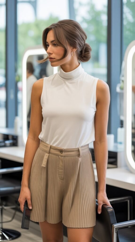 Pleated Shorts with Sleeveless Turtleneck