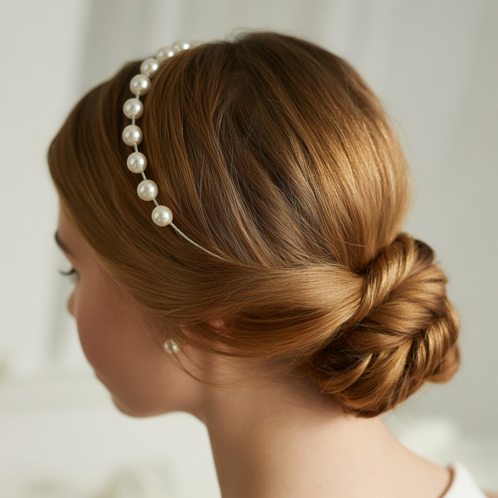 27 Greasy Hair Hairstyles with a Headband 8 Twisted Low Chignon with Pearl Headband