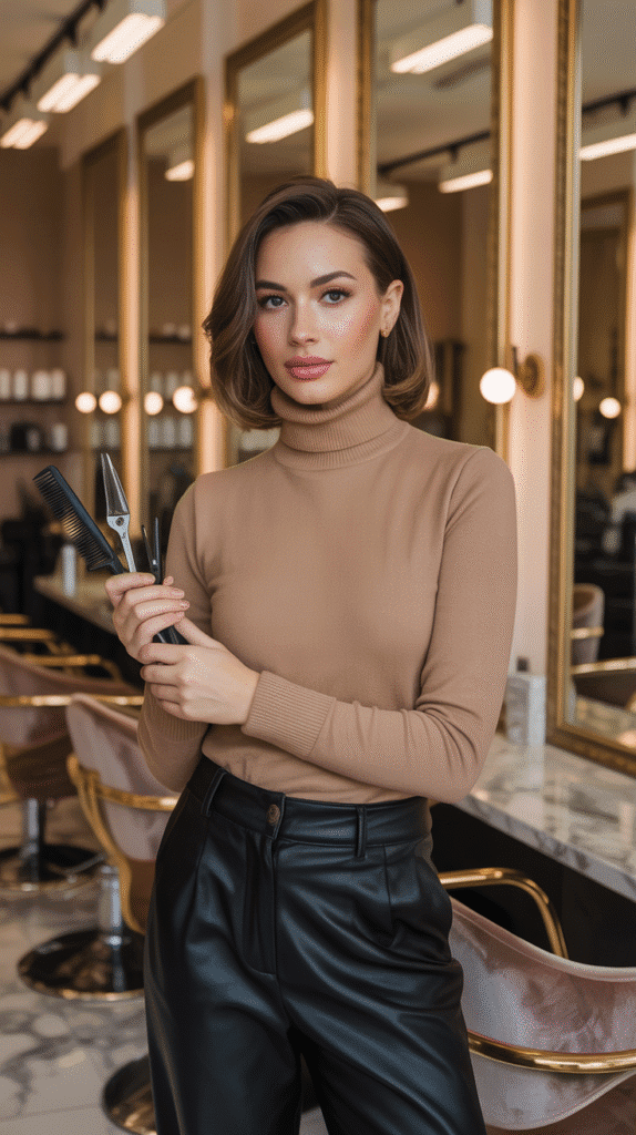 28 Cozy Hairstylist Outfits for Work in Fall 23 Camel Turtleneck with Leather Pants