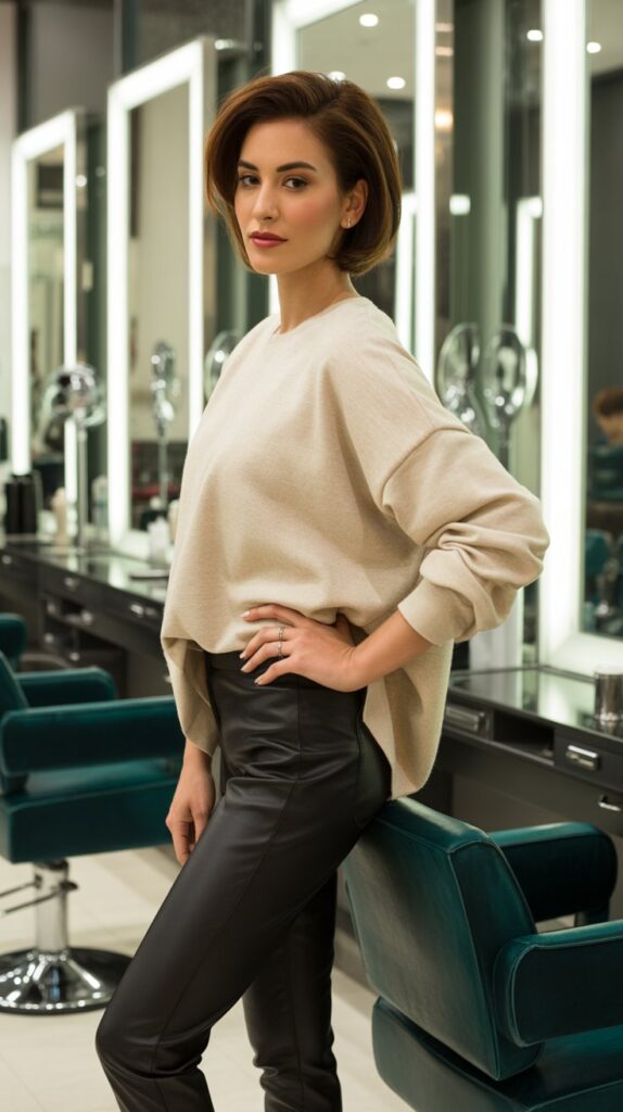 30 Casual Hairstylist Outfits for Work 11 Leather Leggings with Oversized Sweater