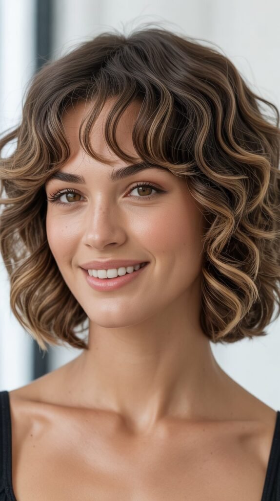 Curly Long Bob with Adapted Curtain Bangs