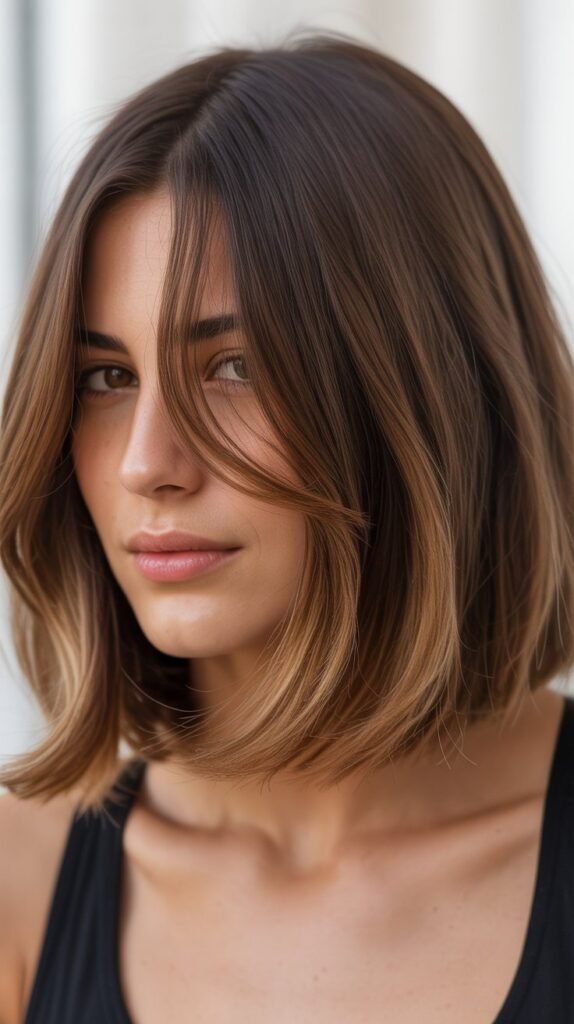Long Bob with Curtain Bangs and Subtle Ombré